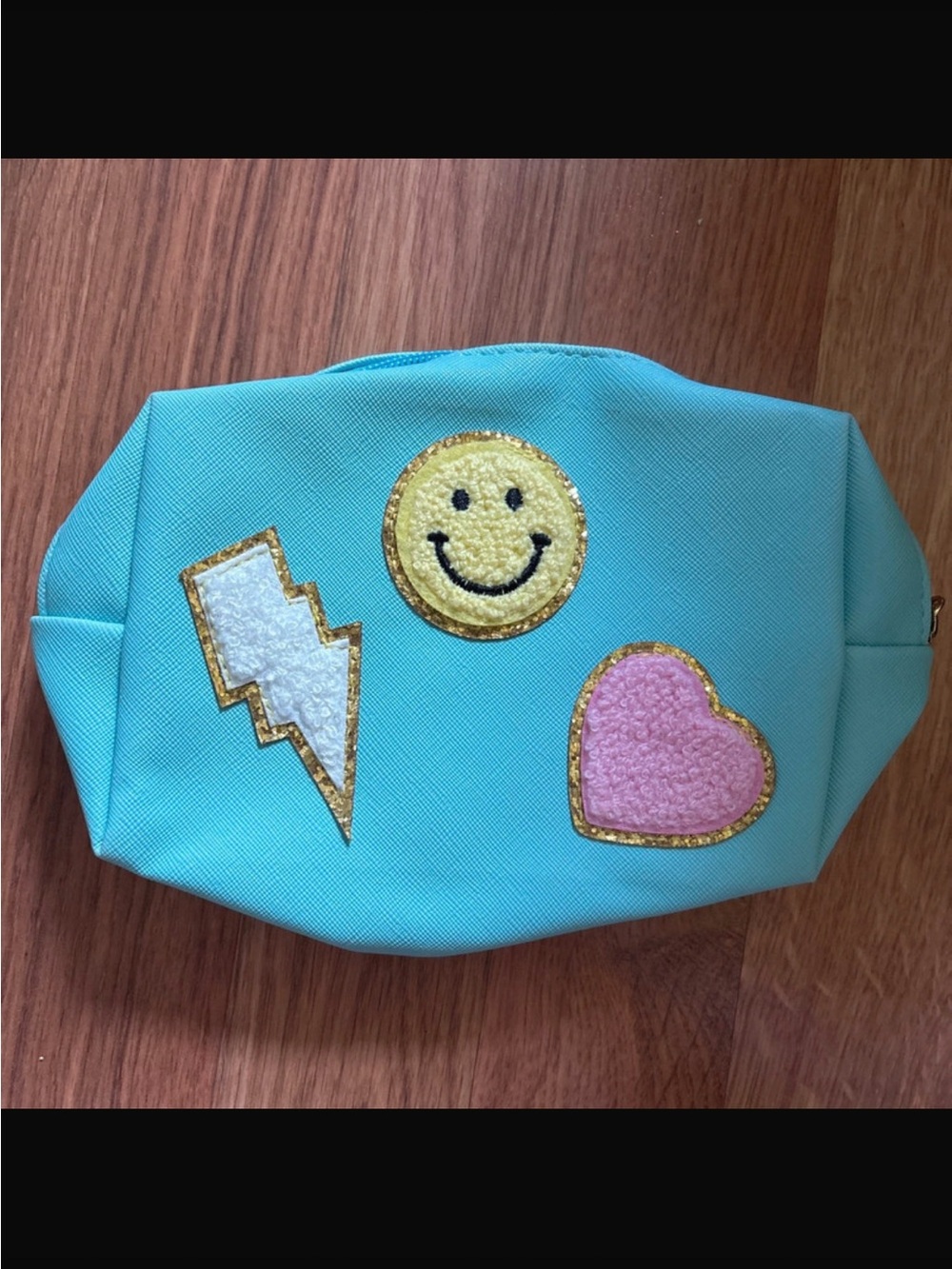 Turquoise Smiley Heart Cosmetic Bag with Appliqué Patches